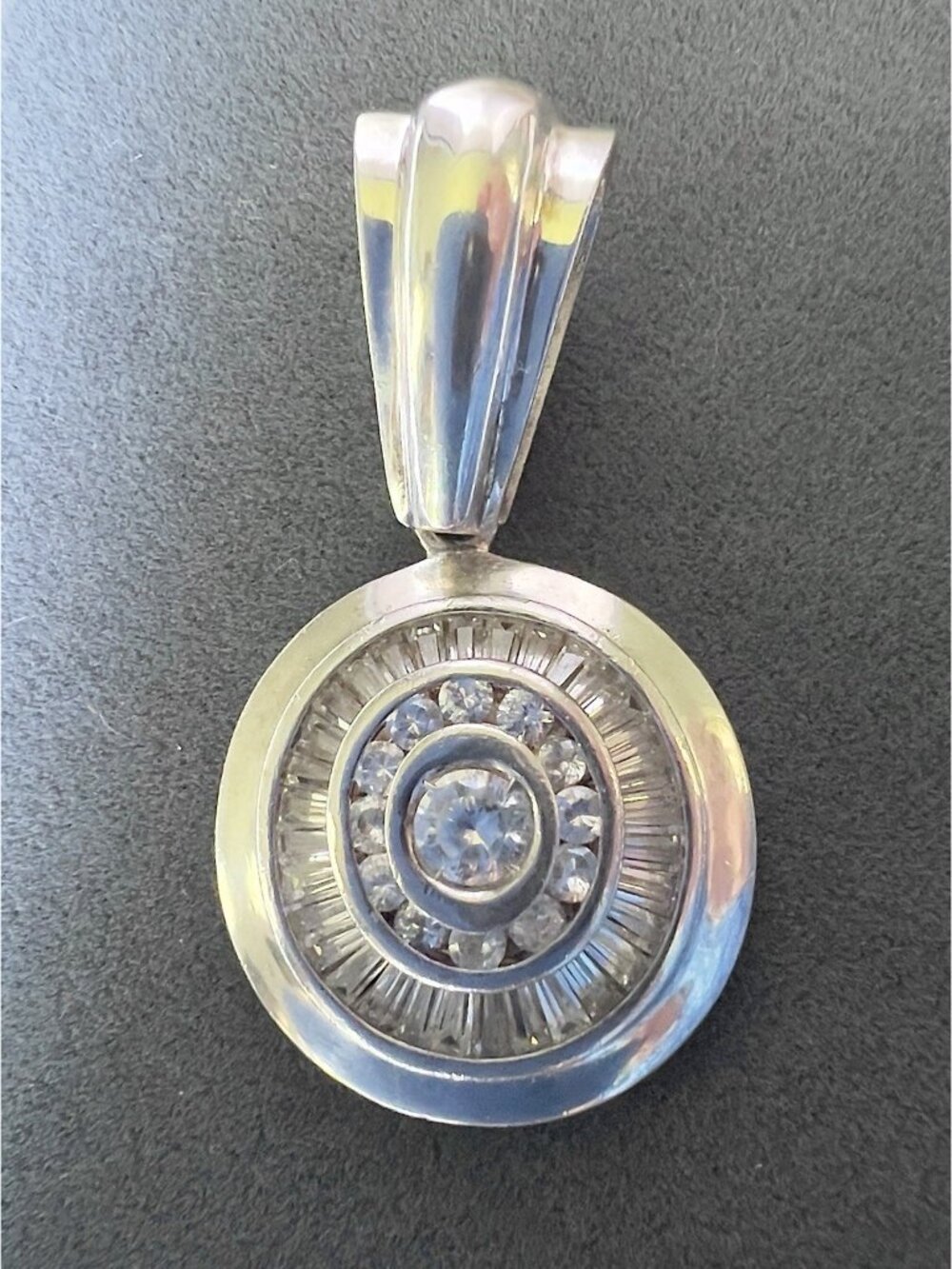 Vintage 925 Sterling Silver Art Deco Baguette & Round CZ Crystal Pendant
